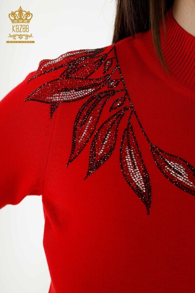 All'ingrosso Maglieria da donna Maglione - Motivo a foglie - Rosso - 16716 | KAZEE - Thumbnail