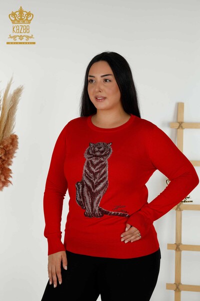 Maglieria Donna all'Ingrosso Maglione Tiger Pattern Rosso - 30127 | KAZEE - Thumbnail