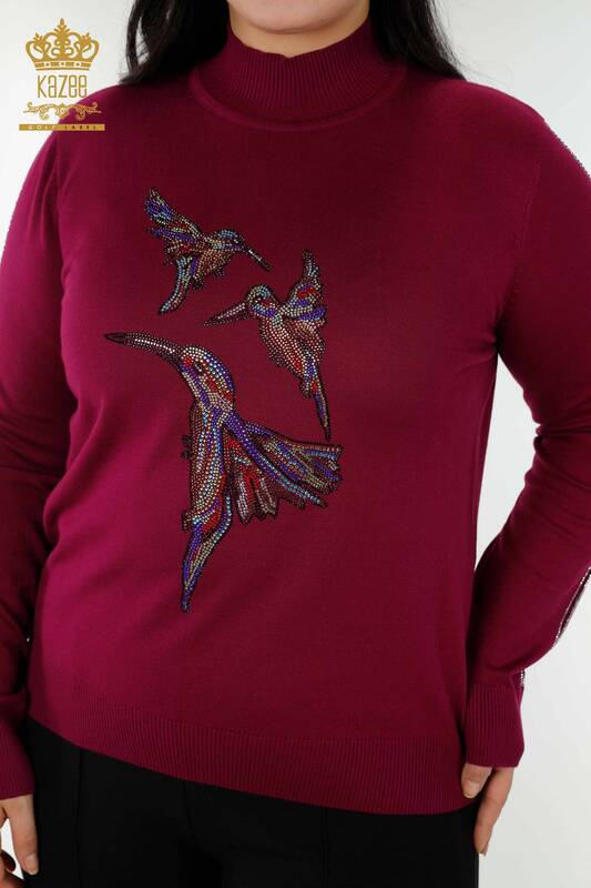 Maglieria da donna all'ingrosso Maglione con motivo a uccelli viola - 16459 | KAZEE