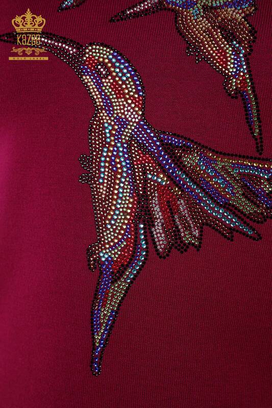 Maglieria da donna all'ingrosso Maglione con motivo a uccelli viola - 16459 | KAZEE