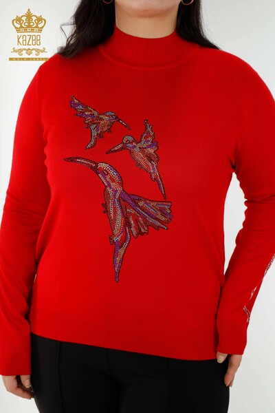 Maglieria da donna all'ingrosso Maglione - Motivo Uccello Rosso - 16459 | KAZEE - Thumbnail