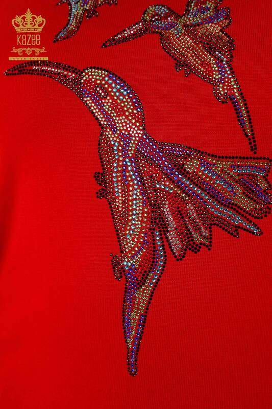 Maglieria da donna all'ingrosso Maglione - Motivo Uccello Rosso - 16459 | KAZEE