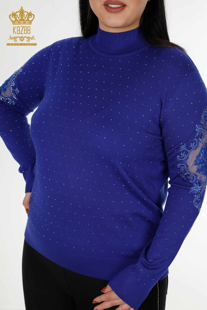 All'Ingrosso Maglieria Donna Maglione Pietra Ricamata Blu Scuro - 30014 | KAZEE - 3