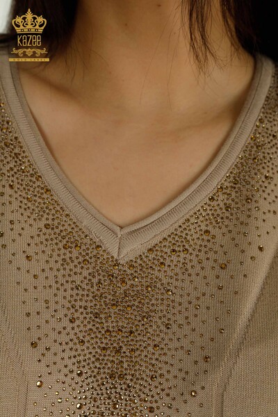 All'ingrosso Maglione di maglieria da donna - Pietra ricamato - beige - 30761 | KAZEE - Thumbnail