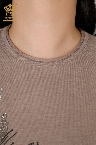 Maglieria da donna all'ingrosso pietra visone motivo floreale ricamato pietra maglione - 16907 | KAZEE - 4