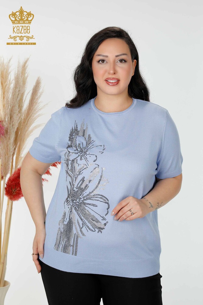 فروش عمده ژاکت بافتنی زنانه سنگ دوزی طرح گل آبی - 16907 | KAZEE - 1