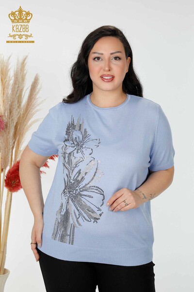 فروش عمده ژاکت بافتنی زنانه سنگ دوزی طرح گل آبی - 16907 | KAZEE 