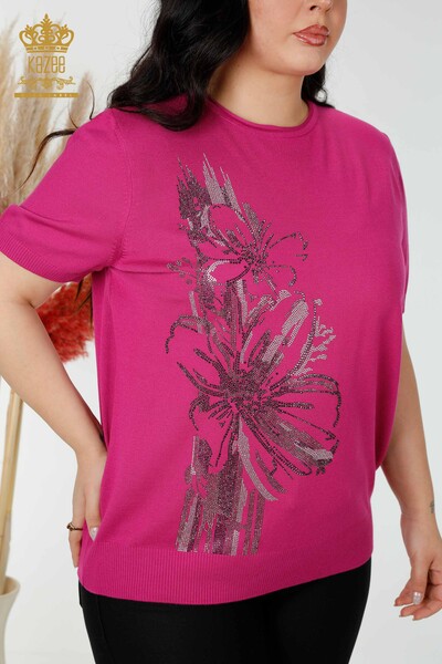 Maglieria da donna all'ingrosso Maglione Stone ricamato motivo floreale fucsia - 16907 | KAZEE - 2