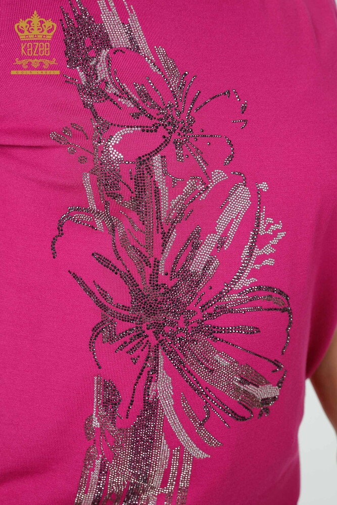 Maglieria da donna all'ingrosso Maglione Stone ricamato motivo floreale fucsia - 16907 | KAZEE - 3