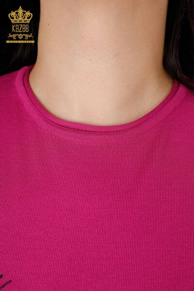 Maglieria da donna all'ingrosso Maglione Stone ricamato motivo floreale fucsia - 16907 | KAZEE - 4