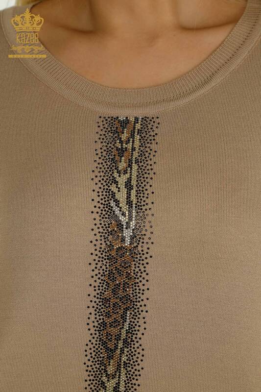All'ingrosso Maglione di maglieria da donna - Righe - Ricamato pietra - Beige - 30621 | KAZEE