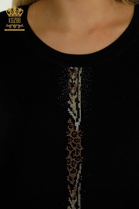All'ingrosso Maglione di maglieria da donna - Righe Pietra Ricamato - Nero - 30621 | KAZEE