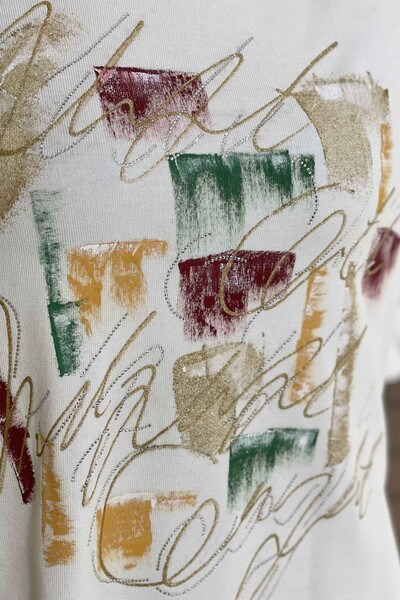 Maglieria da donna all'ingrosso con testi colorati, ricami e pietre - 16515 | KAZEE - Thumbnail