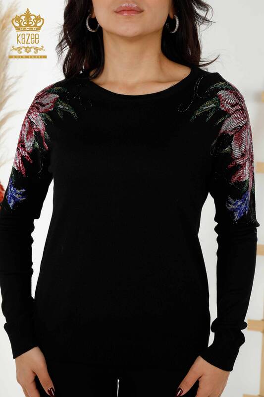 Maglione all'ingrosso di maglieria da donna - Ricamo floreale sulla spalla - Nero - 30188 | KAZEE