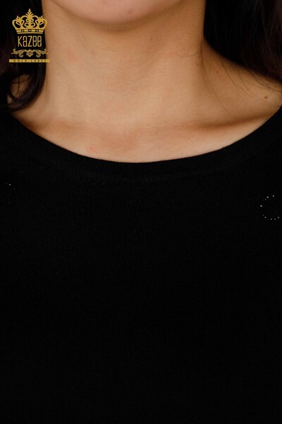 Maglione all'ingrosso di maglieria da donna - Ricamo floreale sulla spalla - Nero - 30188 | KAZEE - Thumbnail