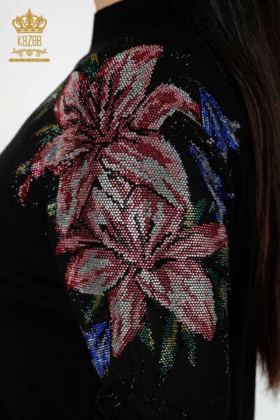 Maglieria da donna all'ingrosso Maglione Spalla Dettaglio floreale Nero - 30007 | KAZEE - Thumbnail