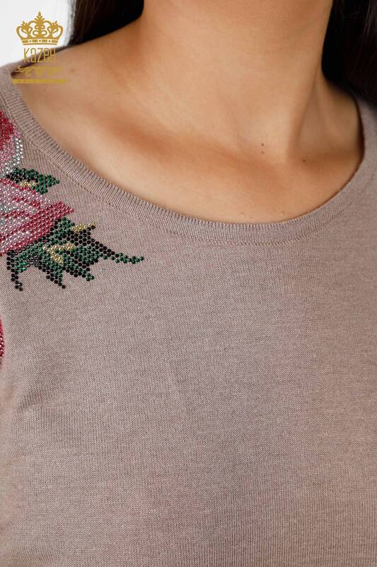 Maglieria da donna all'ingrosso Maglione Motivo floreale sulla spalla Pietra ricamata - 16943 | KAZEE