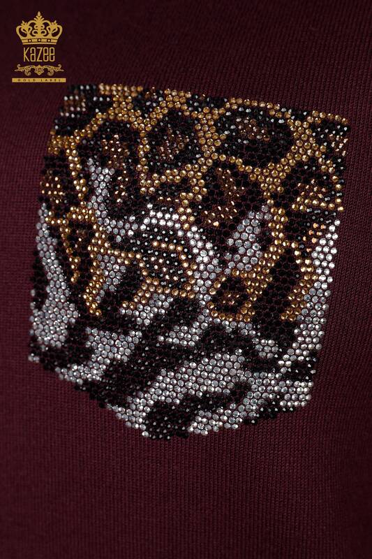 Maglieria da donna all'ingrosso Tasche leopardate ricamate Righe ricamate sulle maniche - 16924 | KAZEE