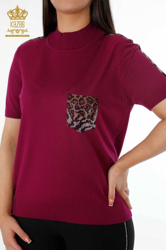 Maglieria da donna all'ingrosso Tasche leopardate ricamate Righe ricamate sulle maniche - 16924 | KAZEE