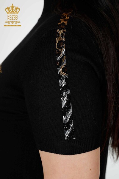 Maglieria da donna all'ingrosso Tasche leopardate ricamate Righe ricamate sulle maniche - 16924 | KAZEE - Thumbnail