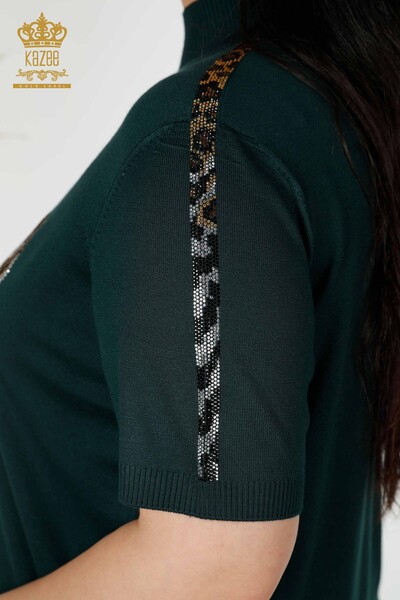 Maglieria da donna all'ingrosso Tasche leopardate ricamate Righe ricamate sulle maniche - 16924 | KAZEE - Thumbnail