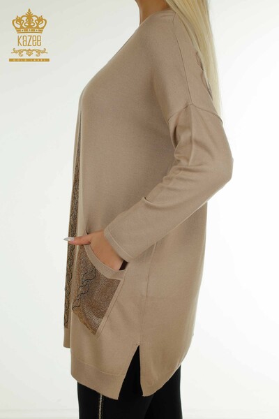 All'ingrosso Maglione di maglieria da donna - Tasche dettagliate - Beige - 30622 | KAZEE - Thumbnail