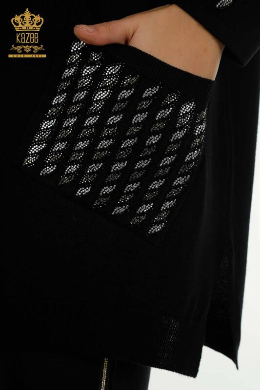 All'ingrosso Maglione di maglieria da donna - Tasche dettagliate - Nero - 30591 | KAZEE