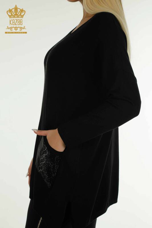 All'ingrosso Maglione di maglieria da donna - Tasche dettagliate - Nero - 30622 | KAZEE