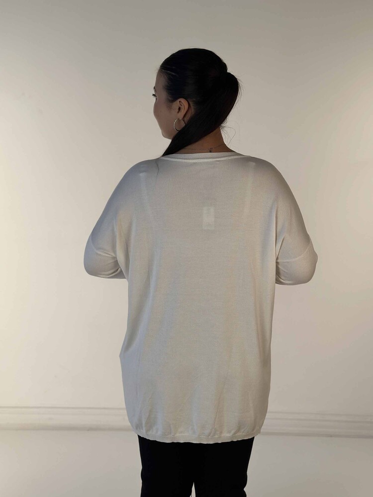 Maglieria da donna all'ingrosso Tasca maglione girocollo con pietre ricamate dettagliate color écru - 30622 | KAZEE - 6