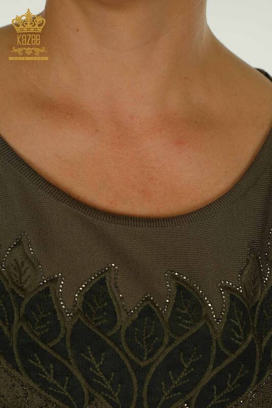 All'ingrosso Maglione di maglieria da donna - Tulle dettagliato - Cachi - 16942 | KAZEE