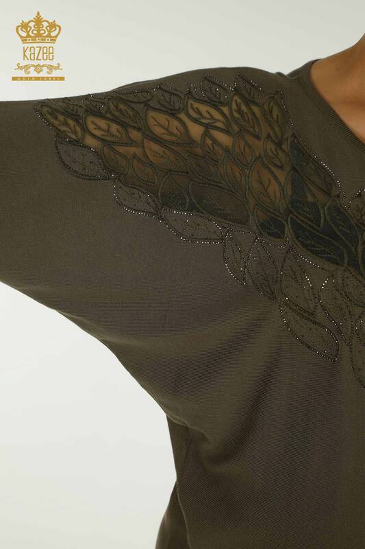 All'ingrosso Maglione di maglieria da donna - Tulle dettagliato - Cachi - 16942 | KAZEE