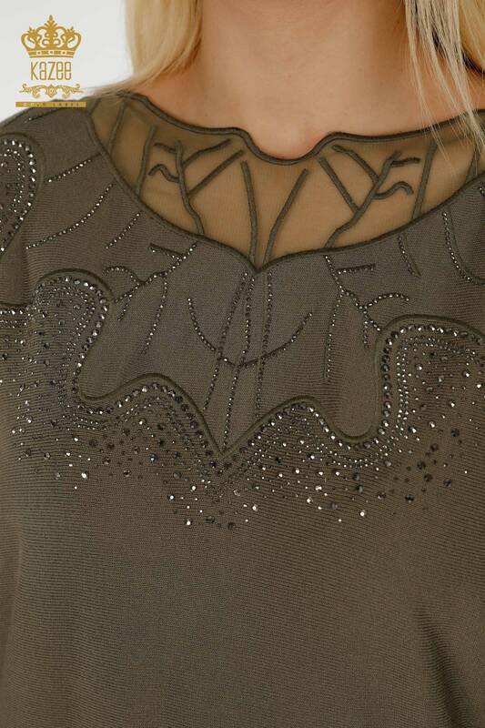 All'ingrosso Maglione di maglieria da donna - Tulle dettagliato - Cachi - 30662 | KAZEE