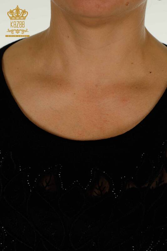 All'ingrosso Maglione di maglieria da donna - Tulle dettagliato - Nero - 16942 | KAZEE