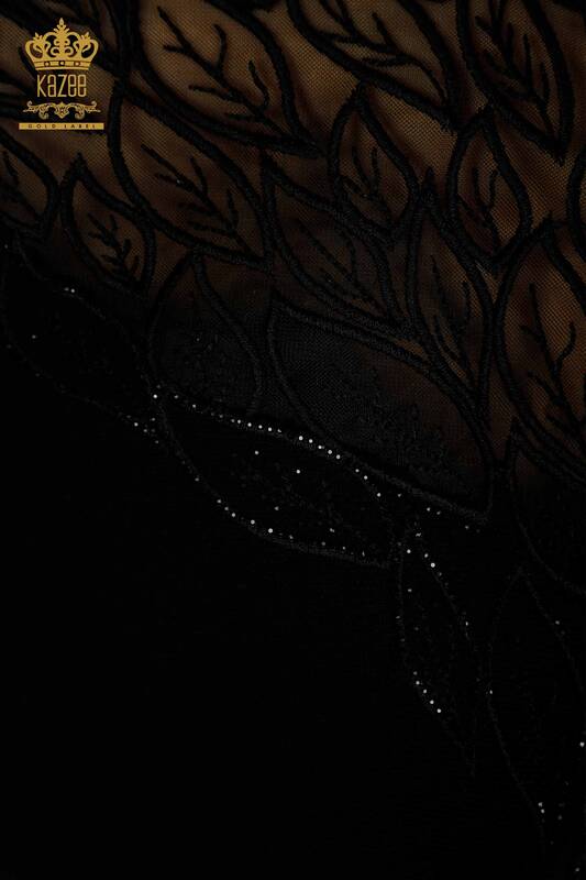 All'ingrosso Maglione di maglieria da donna - Tulle dettagliato - Nero - 16942 | KAZEE