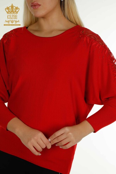 All'ingrosso Maglione di maglieria da donna - Tulle dettagliato - Rosso - 15699 | KAZEE - Thumbnail