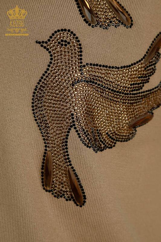 All'ingrosso Maglione di maglieria da donna - Uccello ricamato - Beige - 30745 | KAZEE