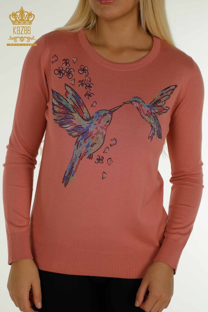 All'ingrosso Maglione di maglieria da donna - Uccello ricamato - Rosa antico - 30401 | KAZEE - 2