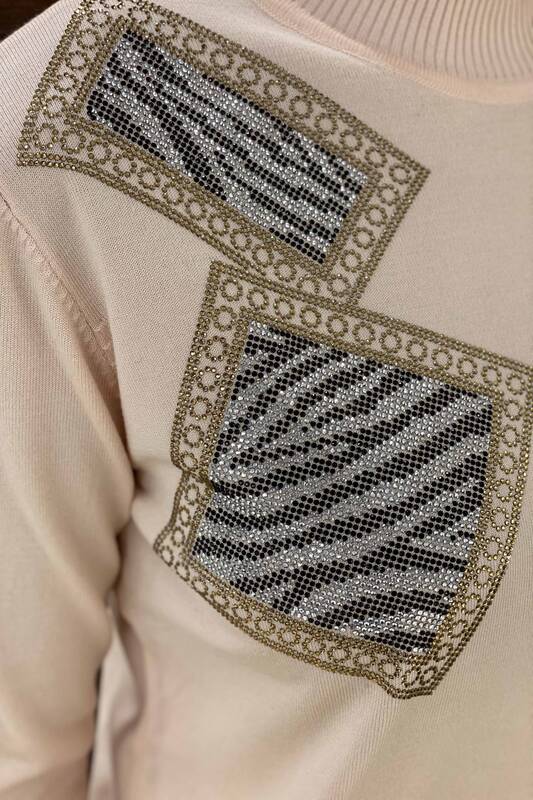All'ingrosso Maglione da donna - Motivo zebrato - Pietra ricamata - Colletto in piedi - 16444 | KAZEE