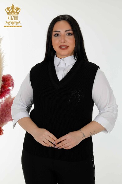 Maglione senza maniche da donna all'ingrosso Cristallo Pietra ricamato -Nero - 30170 | KAZEE - Thumbnail