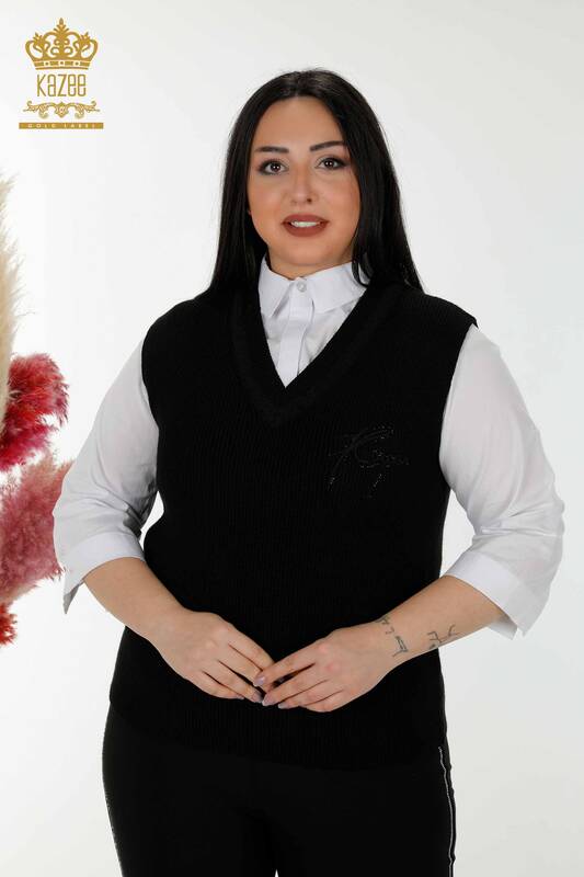 Maglione senza maniche da donna all'ingrosso Cristallo Pietra ricamato -Nero - 30170 | KAZEE