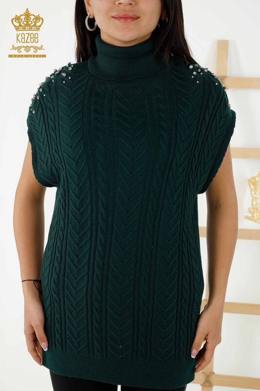 Maglione senza maniche da donna all'ingrosso - Cristallo Pietra Ricamato Verde scuro - 30242 | KAZEE