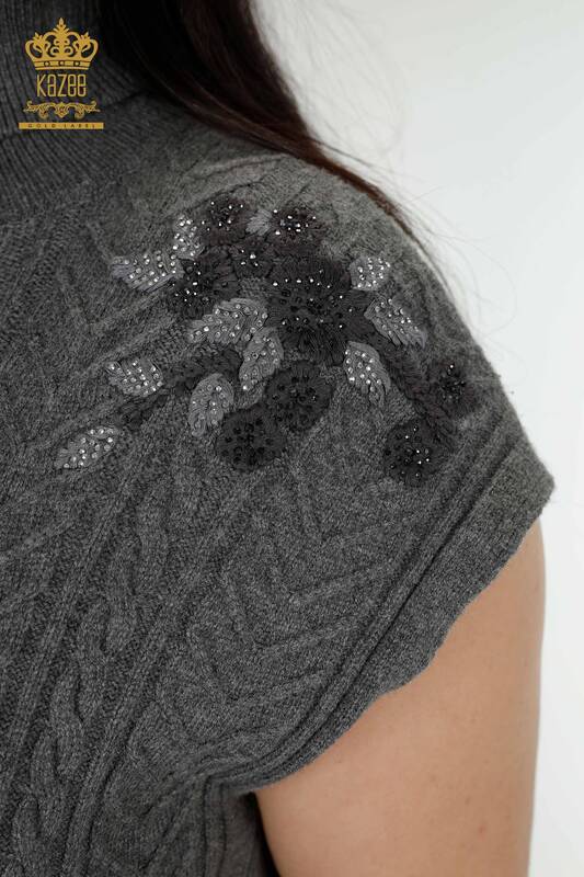 Maglione senza maniche da donna all'ingrosso Motivo floreale Antracite - 30179 | KAZEE