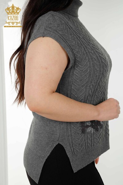 Maglione senza maniche da donna all'ingrosso Motivo floreale Antracite - 30179 | KAZEE - Thumbnail