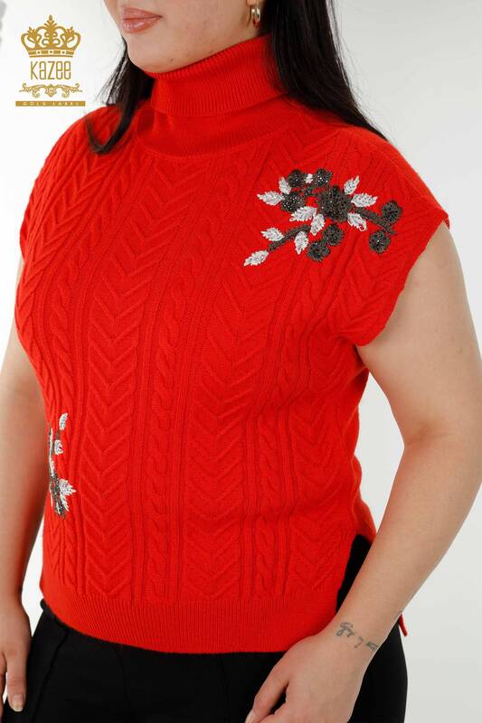 Maglione senza maniche da donna all'ingrosso Motivo floreale Corallo - 30179 | KAZEE