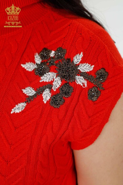 Maglione senza maniche da donna all'ingrosso Motivo floreale Corallo - 30179 | KAZEE - Thumbnail