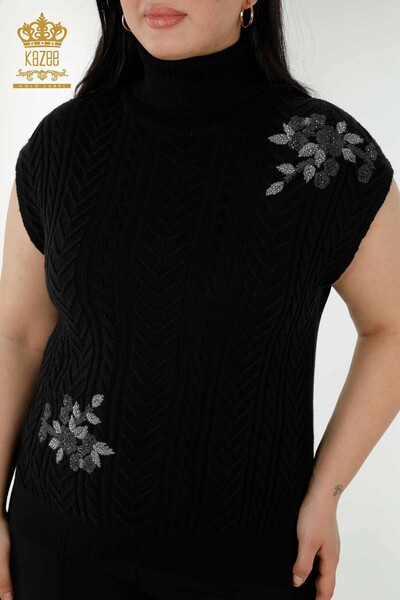 Maglione senza maniche da donna all'ingrosso Motivo floreale Nero - 30179 | KAZEE - Thumbnail