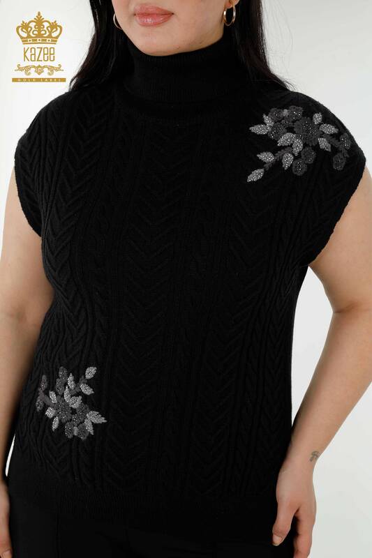 Maglione senza maniche da donna all'ingrosso Motivo floreale Nero - 30179 | KAZEE