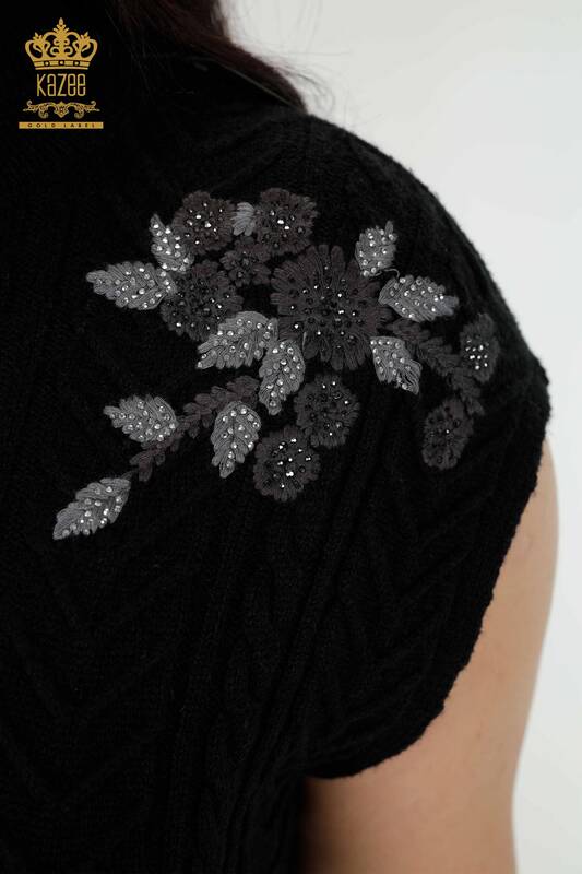 Maglione senza maniche da donna all'ingrosso Motivo floreale Nero - 30179 | KAZEE