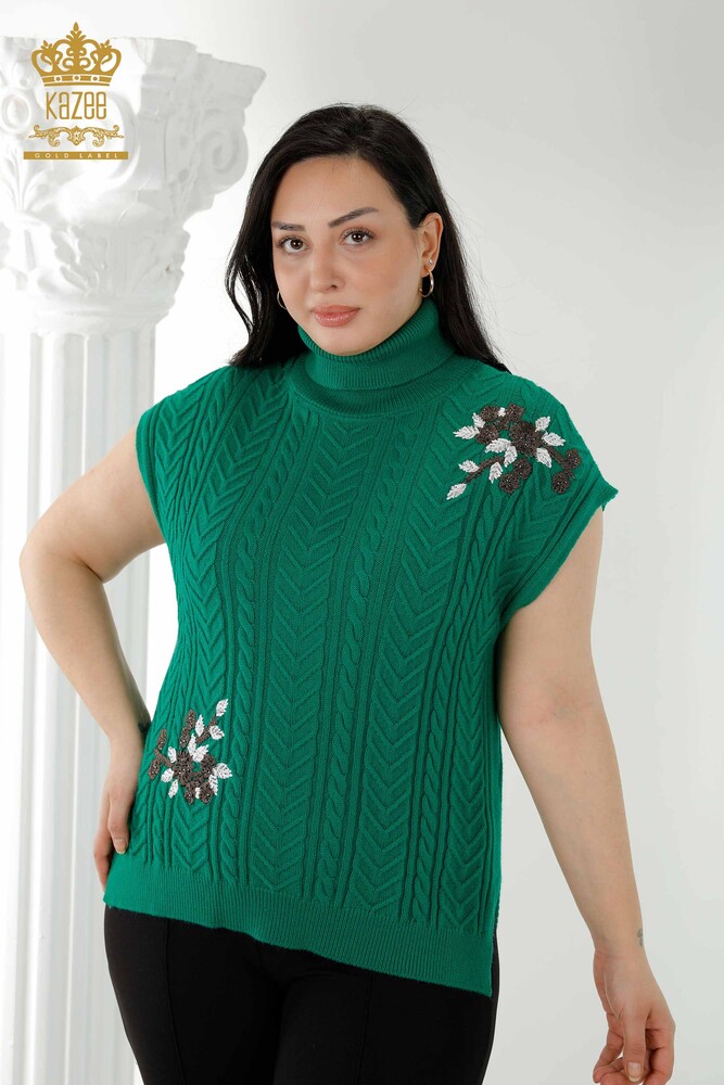 Maglione senza maniche da donna all'ingrosso Motivo floreale - Verde - 30179 | KAZEE - 1