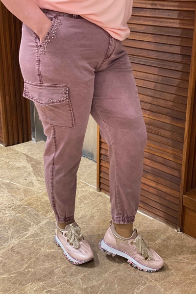 Pantaloni da donna all'ingrosso con tasca cargo ricamata in pietra - 3220 | KAZEE - Thumbnail